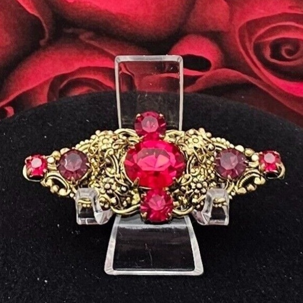 Vintage Rhinestone Filigree Brooch Deep Red Gold Tone Victorian Style 2 inch Pin